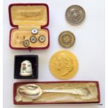 A mixed collection of Curios to include boxed Collar studs, commemorative coin to Juliana of the