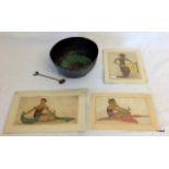 An Oriental bowl, spoon and 3 pictures