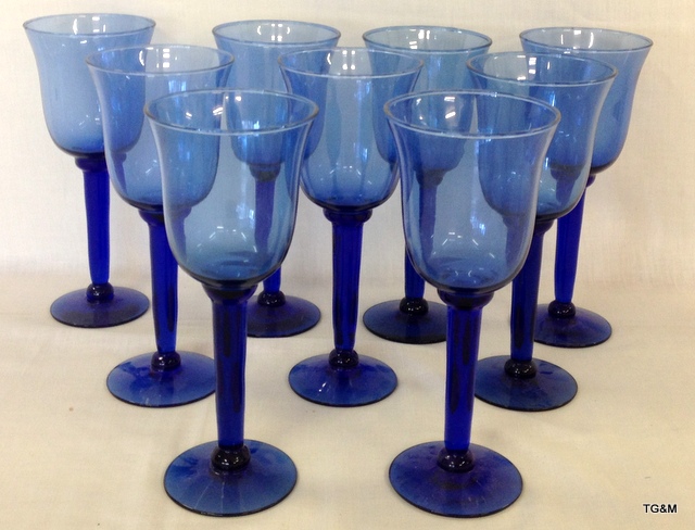 9 x Blue drinking glasses 24cm high