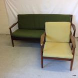 A Retro 2 seater Settee in teak with a single chair and manufacturers mark on back