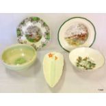 A Beswick celery bowl, two vintage Grays pottery bowls, Spode hunt plate and Copeland Byron plate