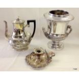 A silver plated large wine cooler, coffee pot and candlestick Old Sheffield plate c1825