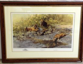 A framed signed David Shepherd print with embossment 'The Tigers of Bandhavgarh' 387/1000 96 x 73cm