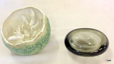 1961 Holmeguard smoked glass bowl and an Anthropologie abstract art ceramic bowl