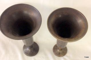 2 x Oriental etched and engraved bronze fluted vases 27cm high