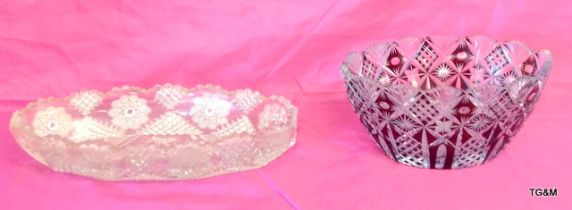 A Bohemian etched Ruby glass dish  and an etched glass centre dish