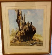 A signed David Shepherd print 2 Rhinos 54 x 50cm