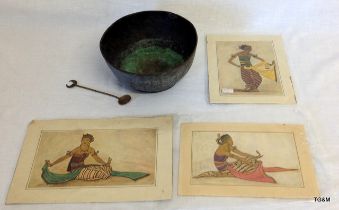 An Oriental bowl, spoon and 3 pictures