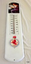 A tin wall mounted thermometer repainted in Lucas King of the Road livery 98cms x 20cms