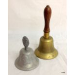 A WW2 Air Raid Precautions brass bell with wooden handle 26cms high and an aluminium Victory Bell