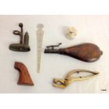 A small collection of shooting accessories including a brass & leather powder flask - two brass