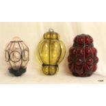 Three Retro Blown Coloured Glass Light Shades With Wrought Iron Mounts