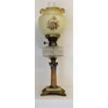 A brass & marble based oil lamp with chimney & shade