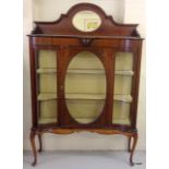 A Victorian Serpentine fronted glazed display cabinet in flame mahogany and hand painted