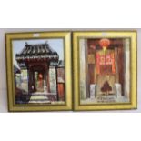A set of 2 Chinese oil on canvas Temple entrance