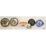 A collection of glass, china and pottery items to include collectors thimbles and an oriental plate