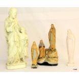 4 x French religious statues to include St Patrick with child and 3 virgin marys 43cm tall