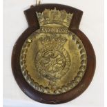 An impressive cast bronze Royal Navy ships crest mounted on a mahogany shield 11 x 9 inches to the