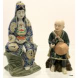 2 Japanese porcelain figures Kwanon and green robed man 19cm high