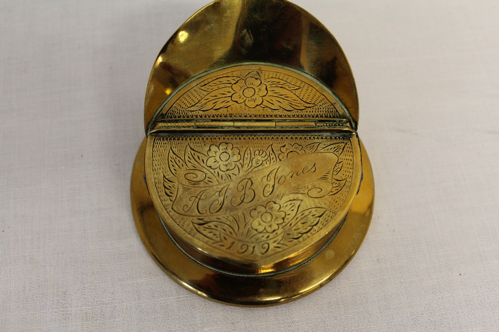 A superb WW1 trench art snuff box or ashtray made from a brass shell case in the form of an - Image 3 of 4