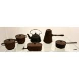 Copper Victorian dolls, teapot and coffee, with other similar item