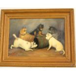 An oil painting on canvas of Terriers around a barrel. Signed G. Armfield 35 x 45cm
 It is in