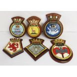 Six large hand painted metal Royal Navy ships crests mounted on wooden shields to HMS Tyne - HMS