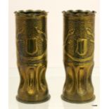 Pair of Trench Art shell vases of waisted form, dated 1918, 22.5cm high