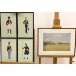 A set of 4 prints of Military uniforms and a signed print of a horse racing scene