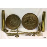 A collection of brass ware to include 2 WW2 shell cases