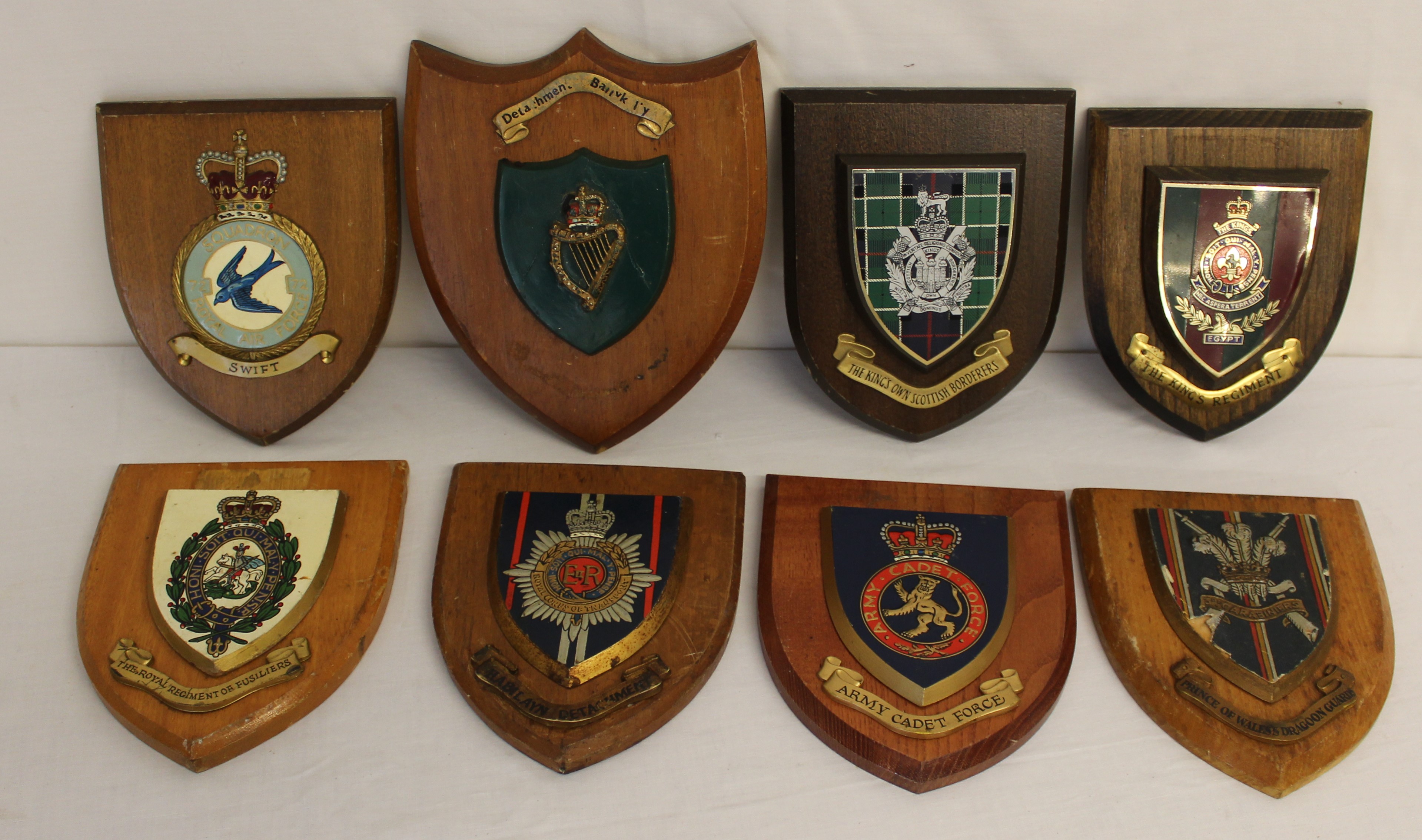 Eight military badges mounted on wooden shields to the Kings Regiment - Regiment of Fusiliers - - Image 2 of 2