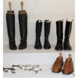 Three pairs of leather riding or Military Cavalry boots one with trees all with spurs & one pair