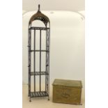A 4 shelved wrought iron and wicker jardinière and a brass coal box with hinged lid