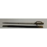 A Baker sword bayonet in its brass mounted leather scabbard. Blade length 23 inches. Overall