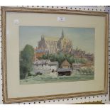 Harold Latham - View of Arundel Cathedral, mid-20th Century watercolour, signed, approx 28cm x 40cm,