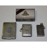 An Edwardian silver vesta case, engraved with leaves, Birmingham 1901, a silver card case,