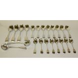 A George IV and later silver harlequin part canteen of Fiddle pattern cutlery, comprising four