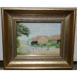 Daphne Lee - 'Chickens in the Yard, Okehurst', watercolour on ivorine, signed recto, titled and