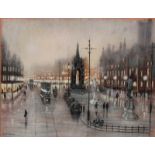 Bernard McMullen - View of Albert Square, Manchester, late 20th Century pastel and charcoal, signed,