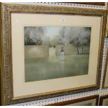 John Bond - Figure in a Walled Parkland, late 20th Century watercolour and gouache, signed in