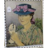 Deirdre Henty-Creer - Head and Shoulders Study of a Lady wearing a Blue Hat with Mauve Ribbon, oil