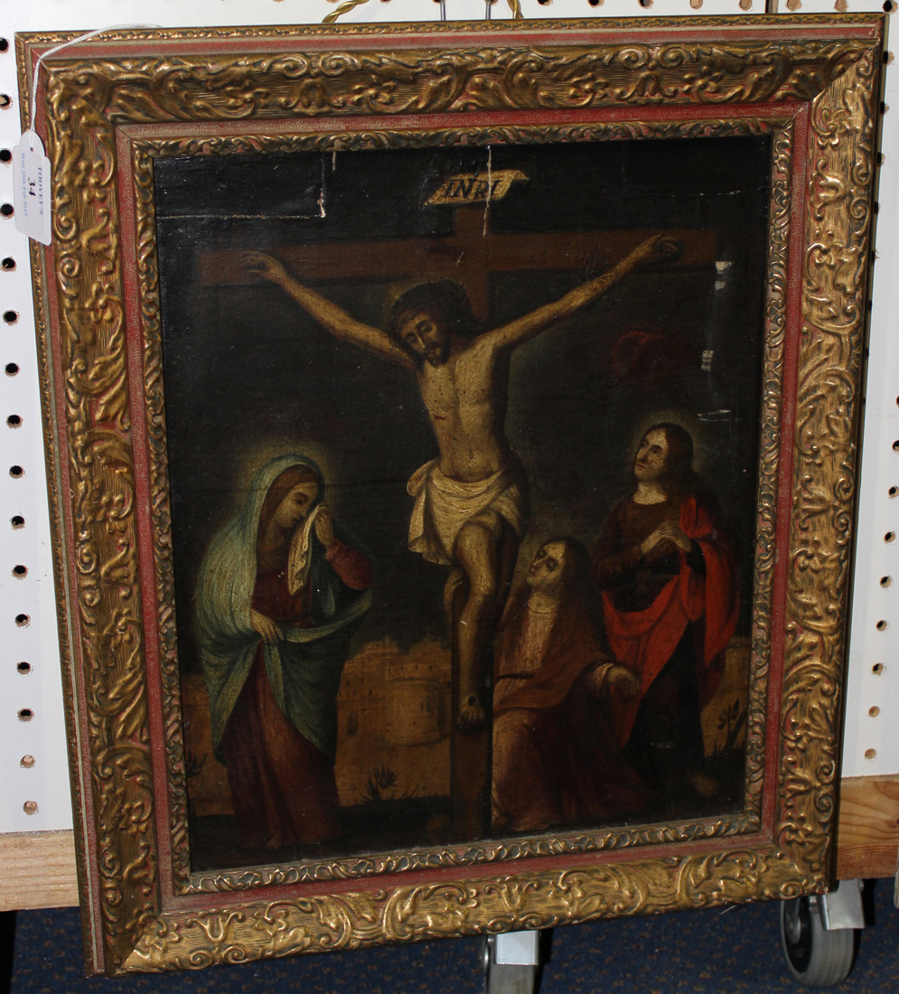 Late 18th Century Northern European School - The Crucifixion, oil on wood panel, approx 36.5cm x