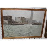 20th Century British School - View of Warehouses on the River Thames, oil on board, indistinctly