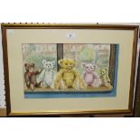 Molly Farr - Teddy Bears on a Windowsill, watercolour and gouache, signed, approx 25cm x 43.5cm,