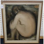British School - Study of a Crouching Female Nude, oil on canvas, approx 49cm x 39cm.
