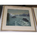 British School - River View with Tugs, pastel, approx 46cm x 53.5cm.