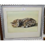 Deirdre Henty-Creer - Study of a Sleeping Cat, oil on paper, signed, approx 27.5cm x 38cm.