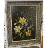 Nan Parker - Still Life Study of Daffodils, Iris and Bluebells, oil on canvas-board, signed,