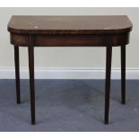 An early 19th Century mahogany tea table, on square tapering legs, width approx 91cm (faults).