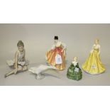 Three Royal Doulton figures, comprising 'Fair Lady (Coral Pink)', HN2835, 'Belle', HN2340, and